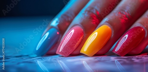 Bright neon manicure. Nails with glossy varnish in multi-colored shades. Concept: Beauty salon, manicure and nail service, summer mood, colorful design.