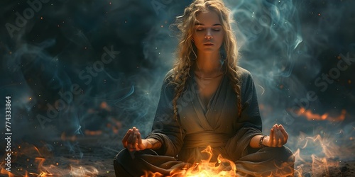 A serene Viking Valkyrie meditates with a godly aura embodying strength and tranquility before battle. Concept Fantasy, Norse Mythology, Warrior, Strength, Meditation