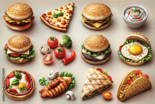 The fast food, street food 3D modern icon set includes pizza, roasted turkey, hamburgers, scrambled eggs, fried fish, tacos, french fries, and brochetas. photo