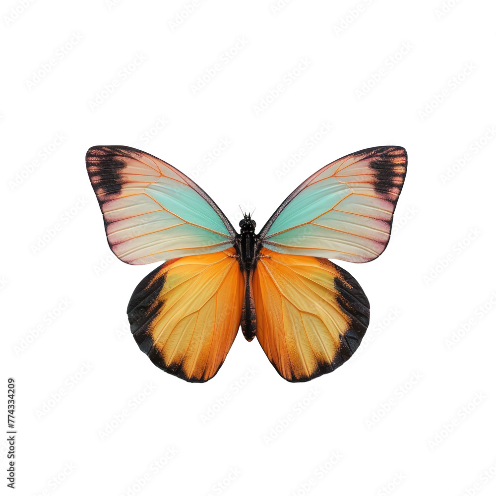 A close up of a butterfly with orange and blue wings A close up of a butterfly with orange and blue wings