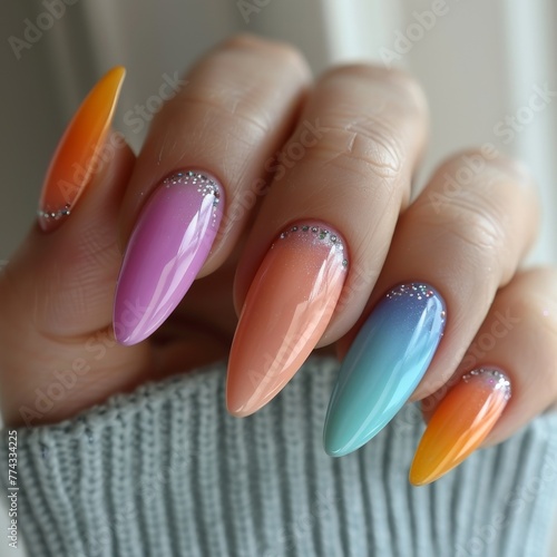 Long sharp nails covered with glitter Concept: Nail art, nail design, manicure workshop, femininity and sophistication