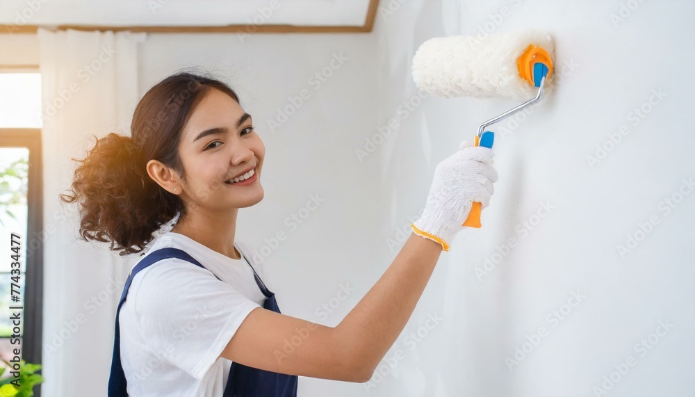 young Woman painter hand in white glove painting a room wall with paint roller young Woman painter hand in white glove painting a room wall with paint roller