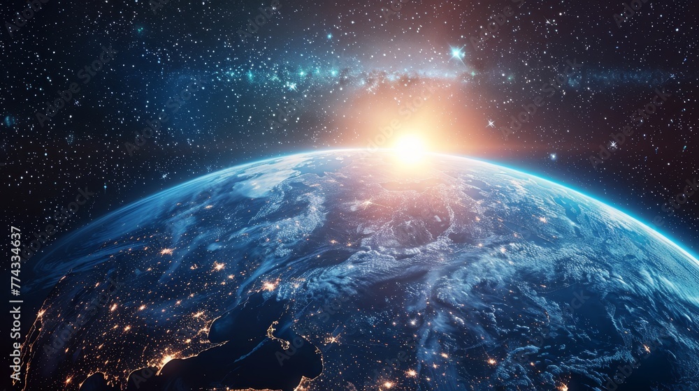 Fototapeta premium A beautiful view of the Earth from space, with the sun rising over the horizon. The planet is surrounded by a vast expanse of stars, creating a serene and peaceful atmosphere. The colors of the sky