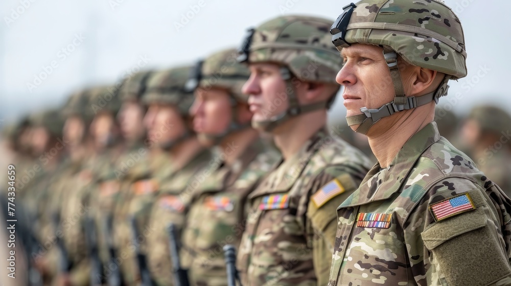 A group of soldiers stand in formation, with one of them wearing a patch that says 