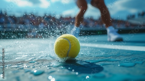 Close up tennis ball hitting the wet court surface.