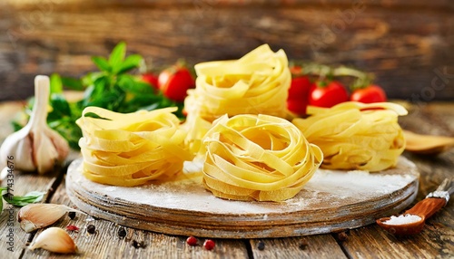 Uncooked fettuccine pasta on a wooden background, prepared for cooking 15.jpg, Uncooked fettuccine pasta on a wooden background, prepared for cooking