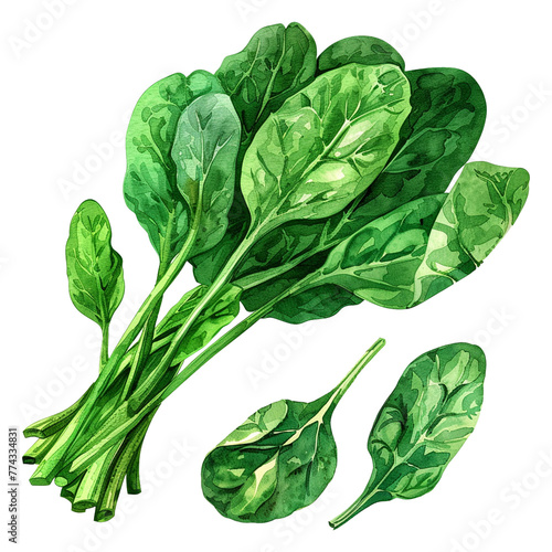 A set of watercolor illustrations of spinach on a transparent background. Branches, bunches, and leaves of spinach in watercolor technique. Fresh green leaves.