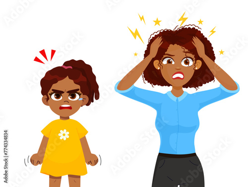 Tired mother  with crazy hair with her daughter. a very angry girl screaming. parenting stress concept, relationship between children and parents vector Illustration on a white background.