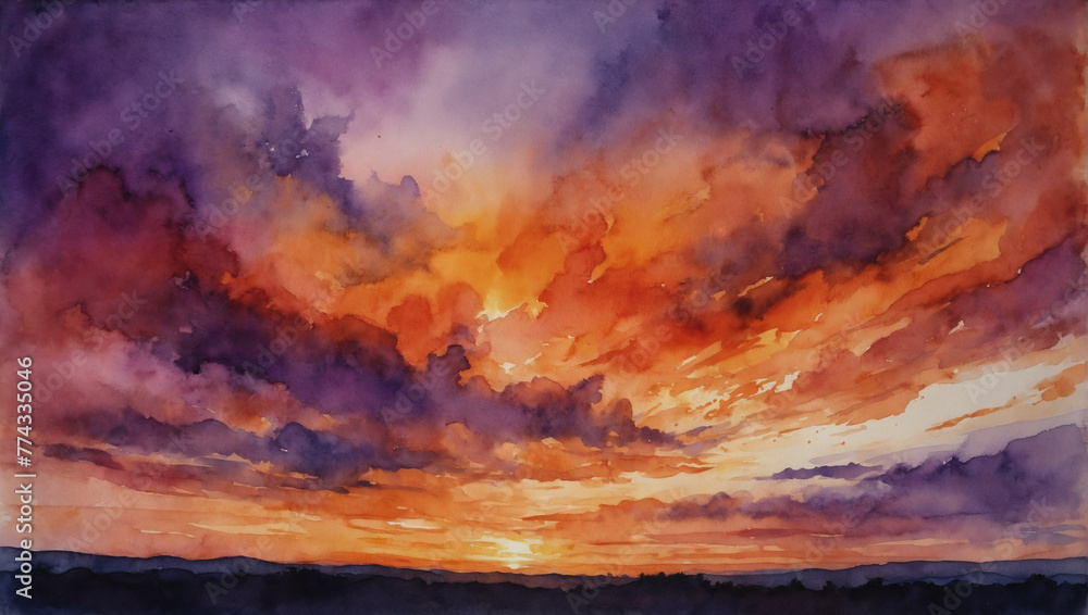 Vibrant sunset sky in abstract watercolor, orange and purple tones merging