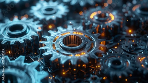 A close up of a bunch of gears with a metallic look to them. The gears are all different sizes and are all connected to each other. The image has a futuristic and industrial feel to it