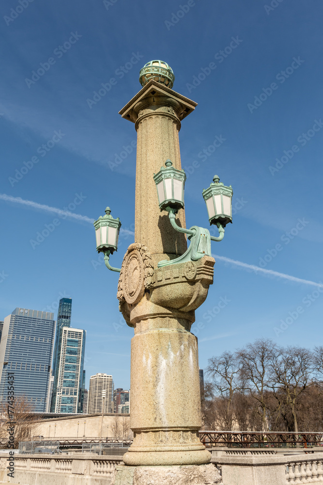 Vintage light post in Congress Plaza just off Michigan Avenue, Chicago, Illinois, USA.