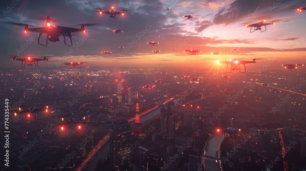 A cityscape with many drones flying in the sky A cityscape with many drones flying in the sky