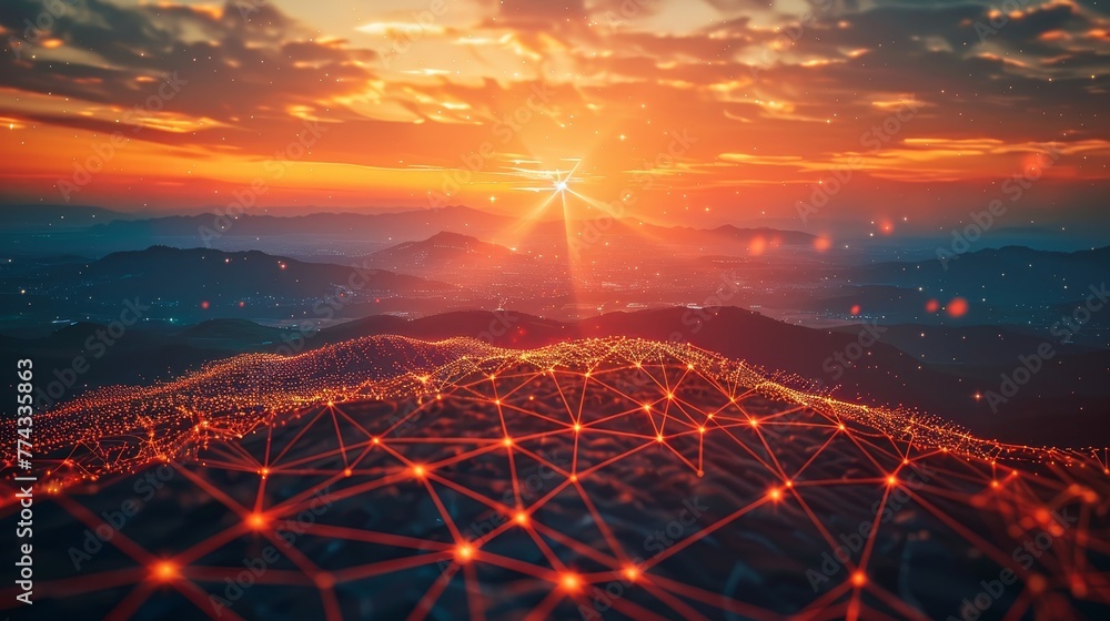 A beautiful sunset with a city in the background. The sun is shining brightly, casting a warm glow over the landscape. The city is made up of a network of lines, creating a sense of connectivity