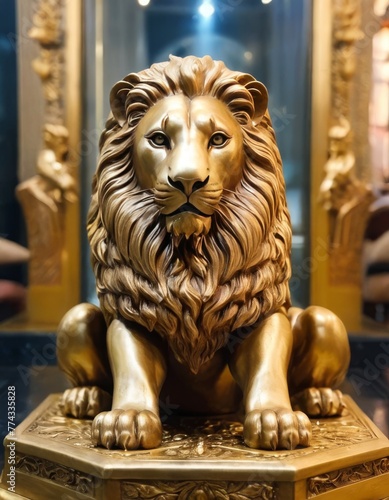 A stately golden lion statue sits proudly, a symbol of strength and royalty. photo