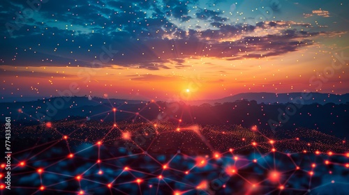 A beautiful sunset with a bright orange sun in the sky. The sky is filled with a network of red dots, creating a sense of depth and movement. The image conveys a feeling of warmth and tranquility