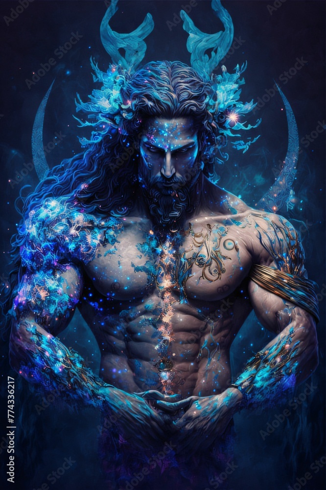 Horned devil with muscular body and blue fire on his body.
