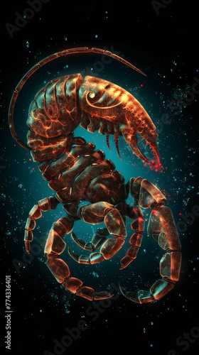 Illustration of a scorpion on a dark background with stars.