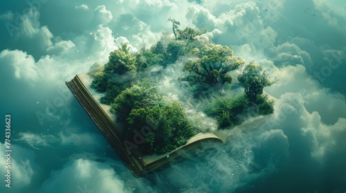 A book is floating in the sky with trees and clouds