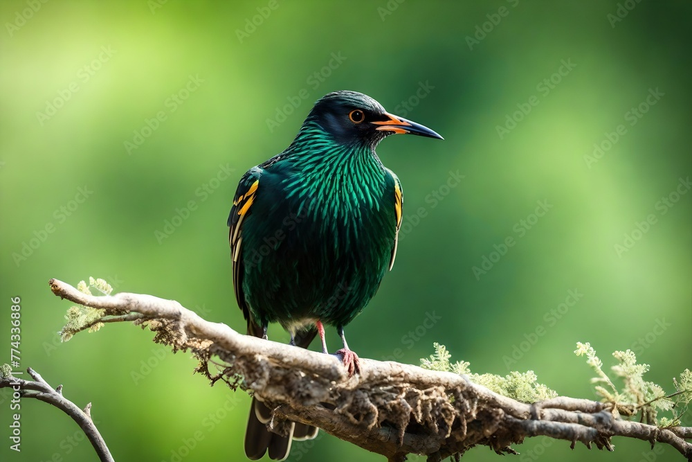 Starling Bird perched with green background and copyspace Starling Bird perched with green background and copyspace