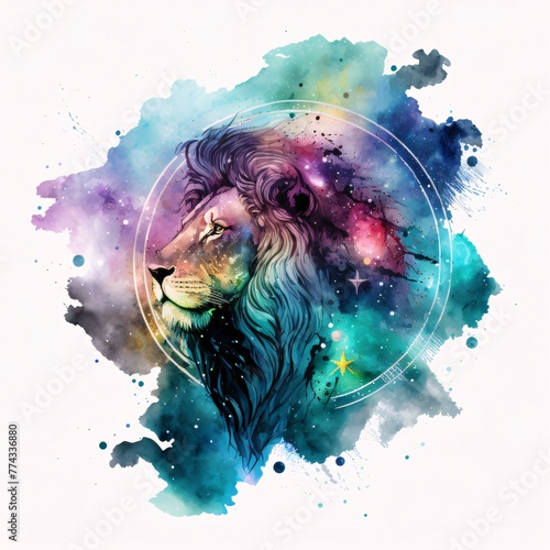 Watercolor illustration of lion with cosmic background. Zodiac sign.