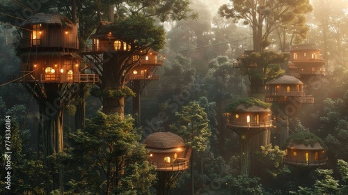 A forest with many tree houses. The houses are all lit up. Scene is warm and inviting