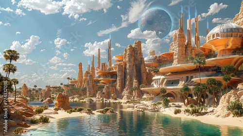 A futuristic city with a large planet in the sky. The city is surrounded by a body of water and has a lot of buildings. The sky is blue and the sun is shining