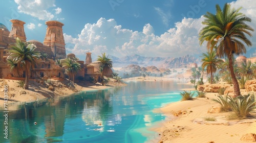 A beautiful desert scene with a river running through it. The water is blue and the sky is cloudy photo