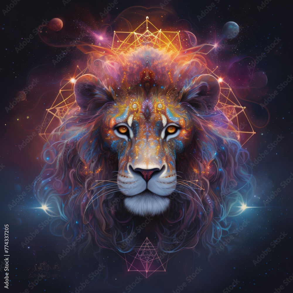 Lion and sacred geometry. Zodiac sign Leo. Colorful background