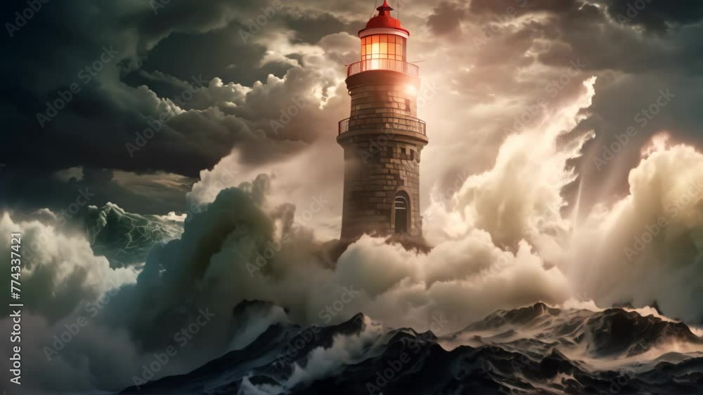 Lighthouse in stormy sea at sunset. 3D rendering, An old lighthouse during a violent storm with crashing waves, AI Generated Lighthouse in stormy sea at sunset. 3D rendering, An old lighthouse during a violent storm with crashing waves, AI Generated