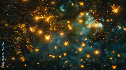 A forest scene with glowing butterflies flying around