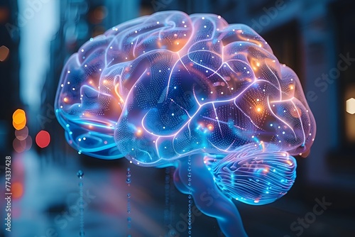 Modelo de un cerebro humano hecho de energia con luces de neon azul representando la grandeza de la inteligencia humana y el desarrollo la inteligencia artificial. Concepto photo
