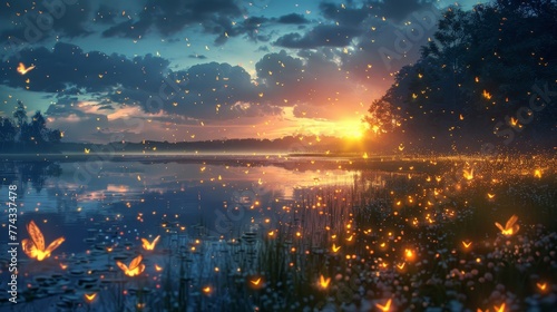 A serene lake with a beautiful sunset in the background. The sky is filled with fireflies, creating a magical and peaceful atmosphere
