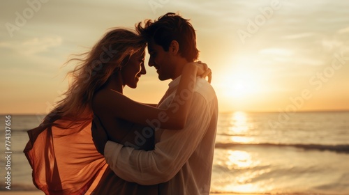 Joyful Couple Embracing at a Beach Vacation with Sunshine Generative AI