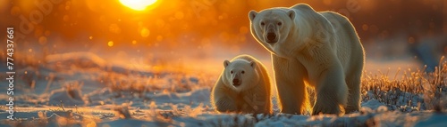 Polar bears roaming the Arctic tundra in search of food