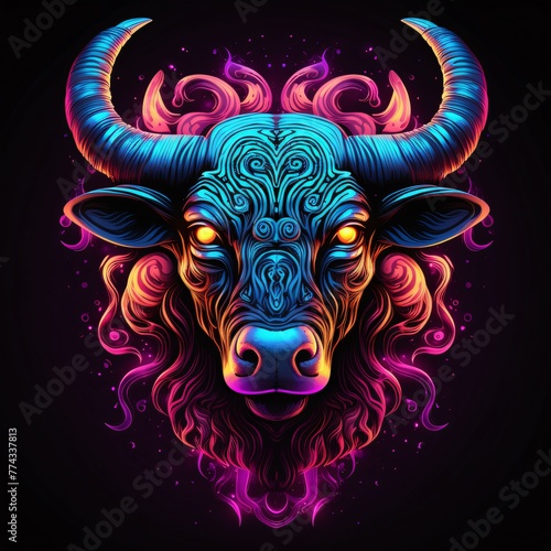 Vector illustration of a bull's head with a beautiful pattern on a black background. photo