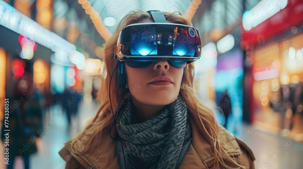 A woman wearing a VR headset is standing in a mall. She is looking at the camera. The scene is set in a busy shopping mall with people walking around A woman wearing a VR headset is standing in a mall. She is looking at the camera. The scene is set in a busy shopping mall with people walking around