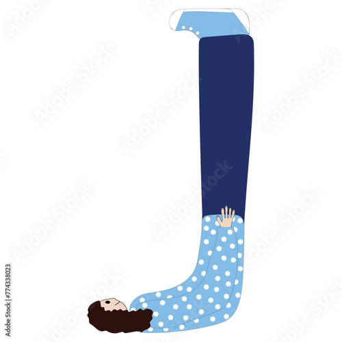 J person in the shape of the letter J, alphabet, font, girl in blue clothes
