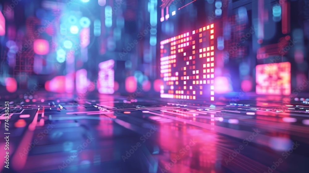 A computer chip is lit up in a cityscape. The image is a representation of the digital world and the importance of technology in our lives
