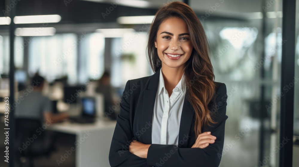 Energetic Young Businesswoman Posing Confidently in Office Generative AI