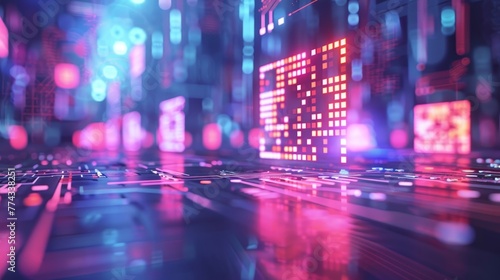 A computer chip is lit up in a cityscape. The image is a representation of the digital world and the importance of technology in our lives