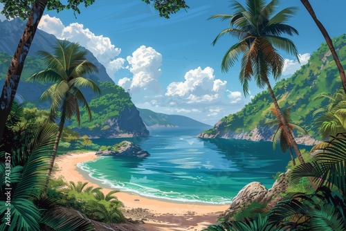 Background modern of a sea panorama. A tropical beach in a bay.