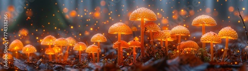 Glowing mushrooms lighting up a dark forest floor