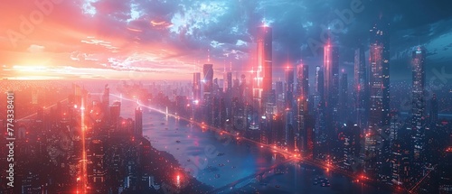 Futuristic cityscape with towering skyscrapers and advanced technology #774338401
