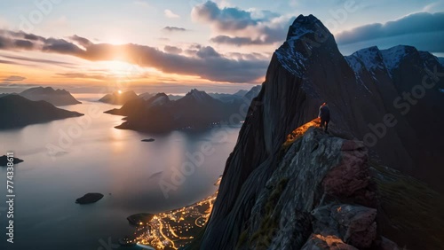 Lofoten islands, Norway. Lofoten is an archipelago in the county of Nordland, climber climbs the big rock, high mountains lofoten island, hiper northen light, midnight sun, AI Generated photo