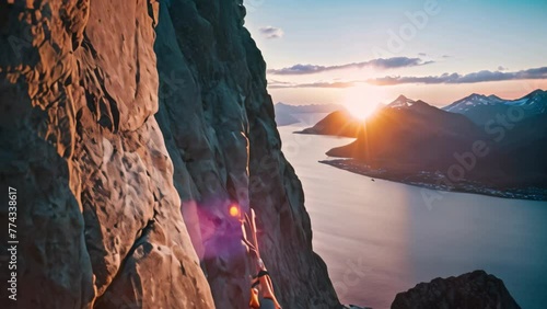 Young woman climber climbing on a rocky wall at sunset in the mountains, climber climbs the big rock, high mountains lofoten island, hiper northen light, midnight sun, AI Generated photo