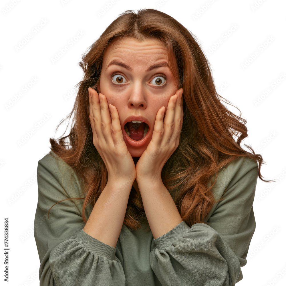 Shocked woman with hands on face expressing surprise cut out on transparent background Shocked woman with hands on face expressing surprise cut out on transparent background