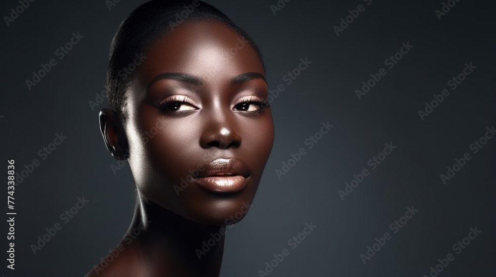 Black Woman Highlighting Natural Beauty with Studio Lighting and Makeup Generative AI