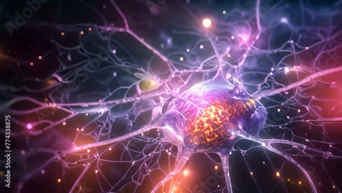 3D illustration of a neuron cell with neurons in the brain, close up of human brain showing neurons firing and neural extensions, AI Generated photo