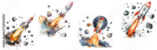 set of Clipart of a rocket passing through a belt of asteroids watercolor adventure and risk ,transparent background photo