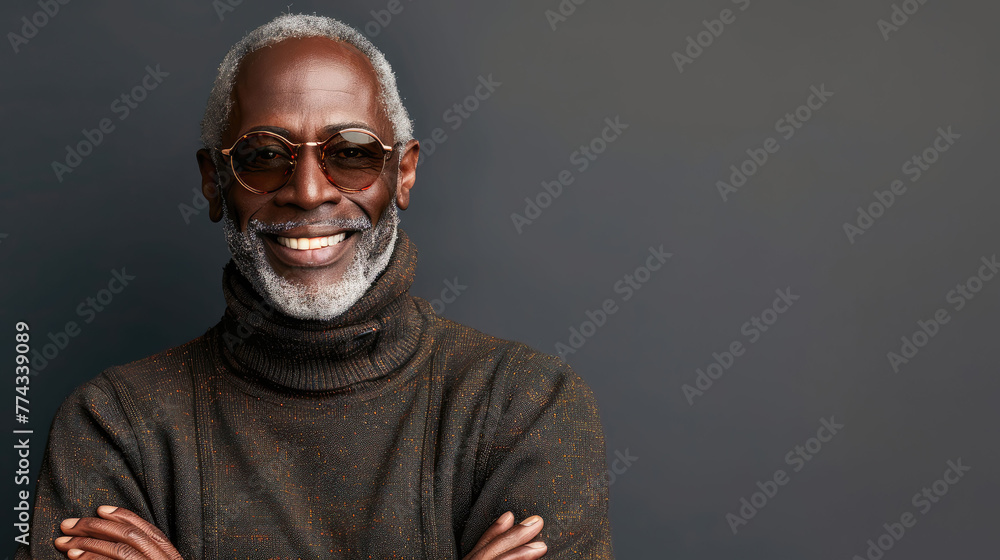 Fototapeta premium Smiling mature man in a turtleneck and trendy eyewear.